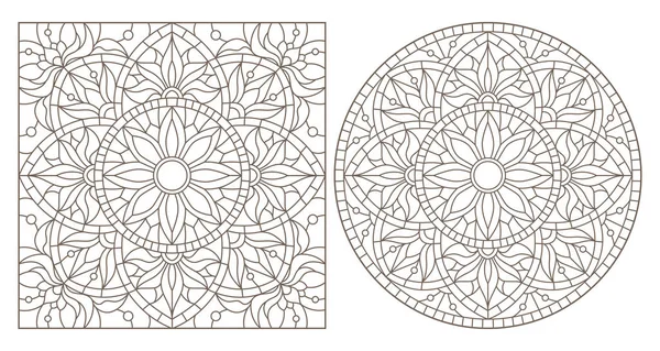 Ensemble d'illustrations de contours avec motifs floraux abstraits, image ronde et carrée, contours sombres sur fond blanc — Image vectorielle