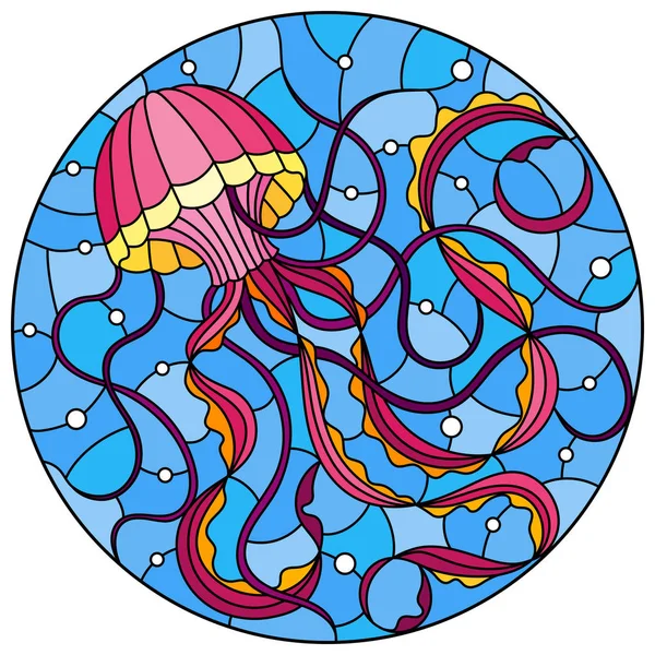 Illustration en style vitrail avec méduses roses abstraites contre une mer bleue et des bulles, image ronde — Image vectorielle