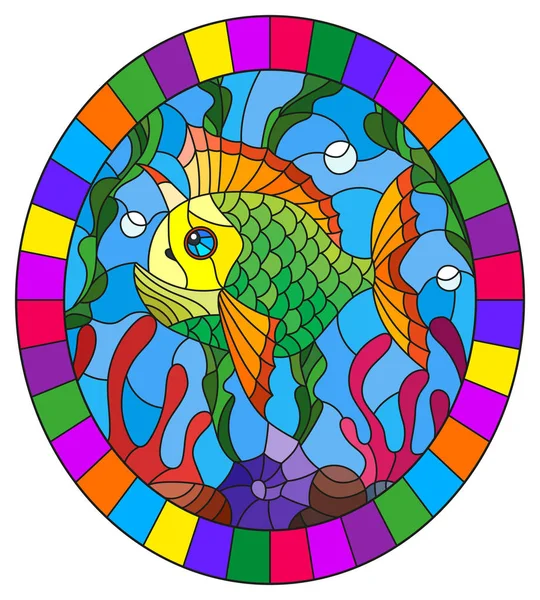Иллюстрация в витражном стиле с яркой рыбой на фоне воды и водорослей, овальное изображение в яркой рамке — стоковый вектор