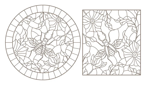 Un ensemble d'illustrations de contour de vitraux avec des insectes et des fleurs, des images rondes et rectangulaires — Image vectorielle