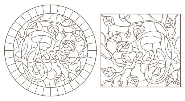 Serie di illustrazioni di contorno di vetrate con camaleonti su rami d'albero contorni scuri su sfondo chiaro — Vettoriale Stock