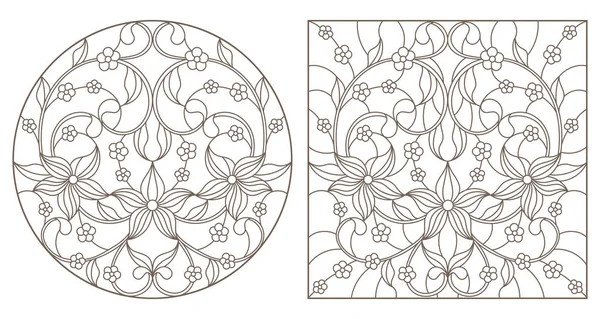 Conjunto de ilustraciones de contorno con patrones florales abstractos, imagen redonda y cuadrada, contornos oscuros sobre fondo blanco — Archivo Imágenes Vectoriales