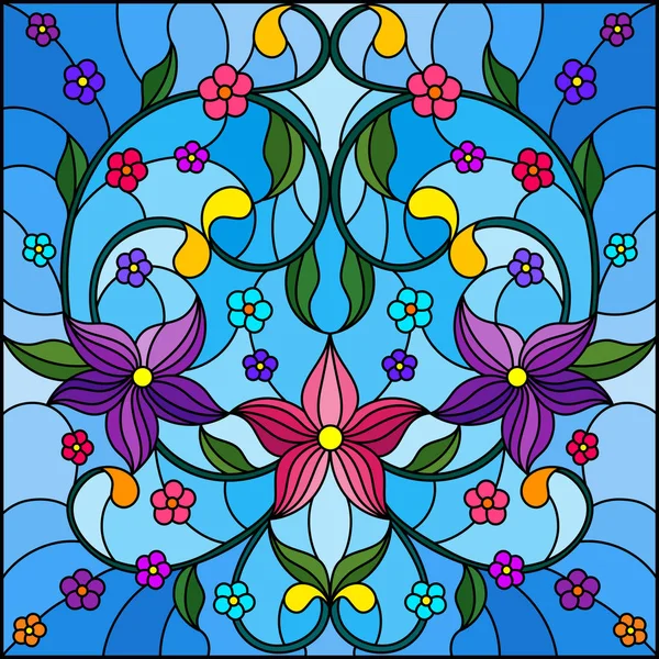 Illustration en style vitrail avec ornements floraux abstraits, fleurs, feuilles et boucles sur fond bleu, image carrée — Image vectorielle