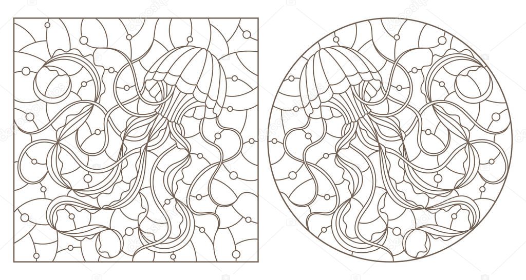 A set of contour illustrations of stained glass Windows with jellyfish on a background of water and air bubbles, dark contours on a white background