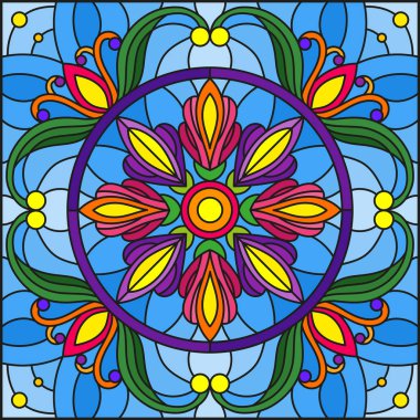 Vitray illüstrasyon soyut çiçek süslemeli çiçekler, yaprakları ve mavi arka plan, kare resim bukleler