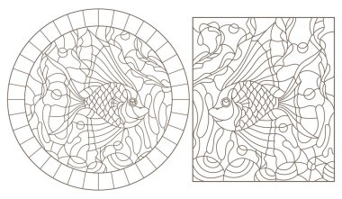 Vitray Windows balıklar deniz dibinin ve yosun arka plan üzerinde beyaz bir arka plan üzerinde koyu konturlar ile kontur resimler ayarla