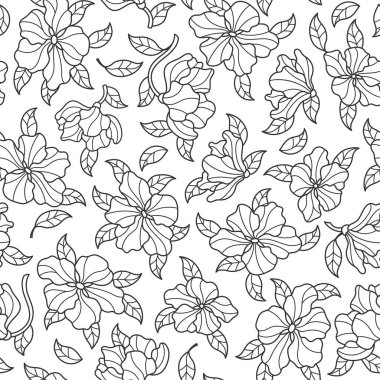 Çiçekler ile Seamless Modeli tomurcukları ve yaprakları, beyaz arka plan üzerinde koyu anahat desenleri