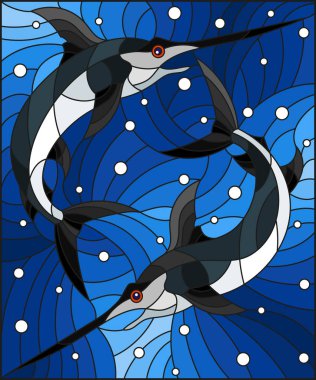 Vitray Kılıçbalığı arka planda su ve hava kabarcıkları ile tarzı çizimi