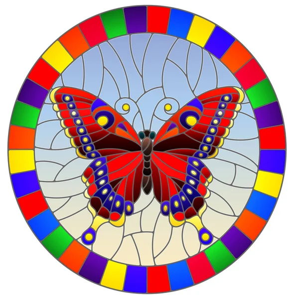 Illustration en style vitrail avec papillon rouge vif sur fond de ciel, image ovale dans un cadre lumineux — Image vectorielle