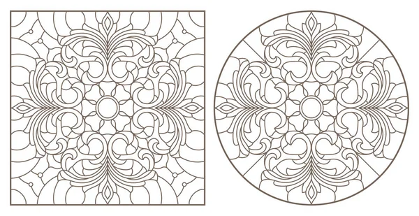 Conjunto de ilustraciones de contorno con patrones florales abstractos, imagen redonda y cuadrada, contornos oscuros sobre fondo blanco — Vector de stock
