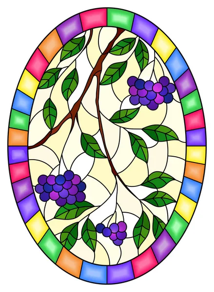 Illustration im Glasmalereistil mit einem Zweig der schwarzen Preiselbeere, Trauben von Beeren und Blättern dagegen, ovales Bild, in hellem Rahmen — Stockvektor