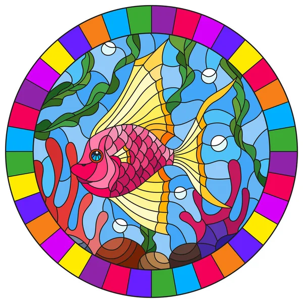 Illustration in stained glass style with a pair bright pink  fish on the background of water and algae,oval picture in a bright frame — Stock Vector