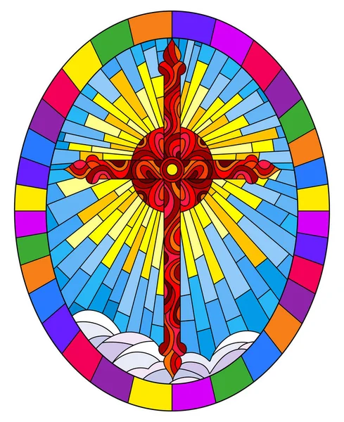 Ілюстрація у вітражному стилі з яскраво-червоним хрестом на фоні блакитного неба та хмар, овальне зображення в яскравій рамці — стоковий вектор