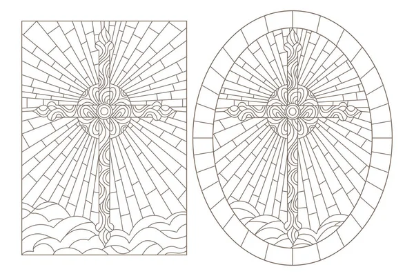 Definir ilustrações de contorno de vitrais com cruz cristã, imagem oval e retangular — Vetor de Stock