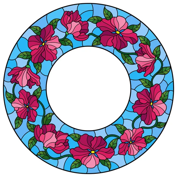 Ilustración en marco de flores estilo vitral, flores rosadas y hojas en marco azul sobre fondo blanco — Vector de stock