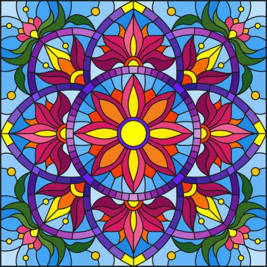 Vitray tarzı çiçek, soyut çiçek süslemeli çizimde bırakır ve mavi arka plan, kare görüntü bukleler