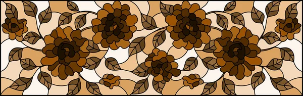 Ilustración en estilo vitral con flores, brotes y hojas de rosas sobre fondo marrón, Sepia monocromática — Vector de stock