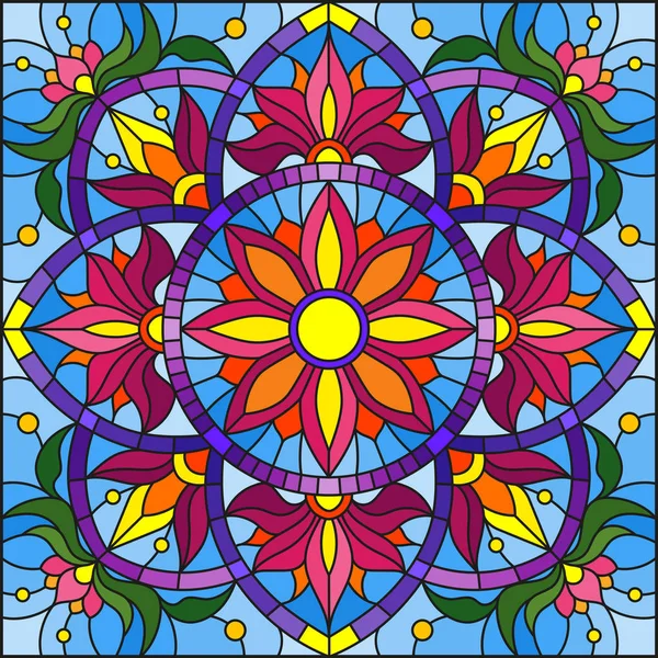 Illustration im Glasmalereistil mit abstrakten floralen Ornamenten, Blumen, Blättern und Locken auf blauem Hintergrund, quadratisches Bild — Stockvektor