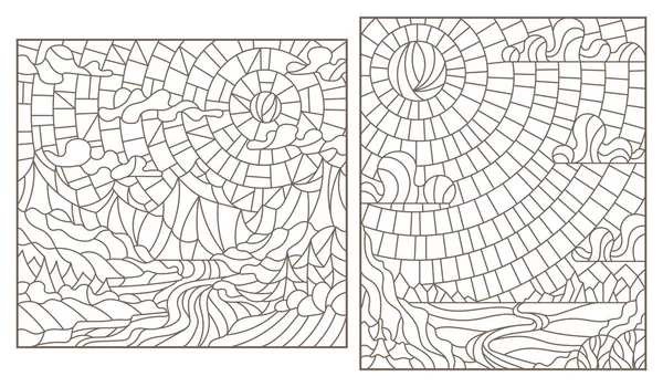 Un conjunto de ilustraciones de contorno paisajes de montaña vidrieras, contornos oscuros sobre un fondo blanco — Vector de stock