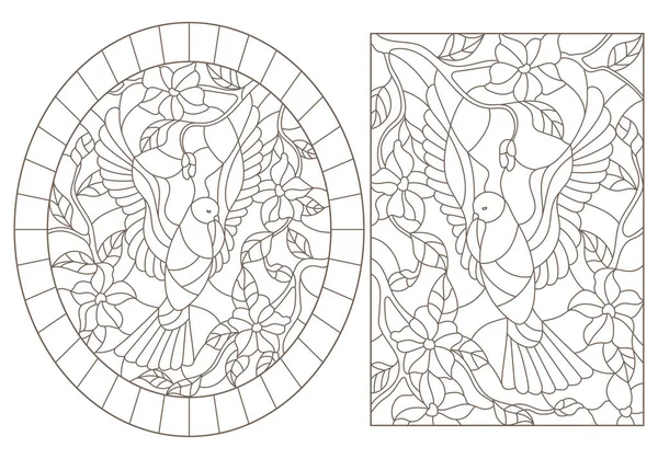 En uppsättning av kontur illustrationer av målat glas med duvor på en bakgrund av blommor, mörka konturer på vit bakgrund — Stock vektor