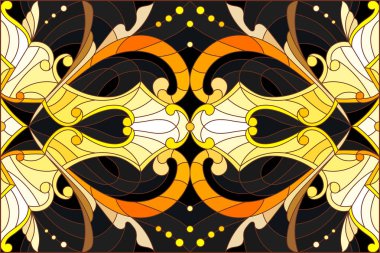 Çiçek süsleme stiliyle vitray, imitasyon altın swirls ve bitkisel motifler ile koyu arka plan üzerinde resimde