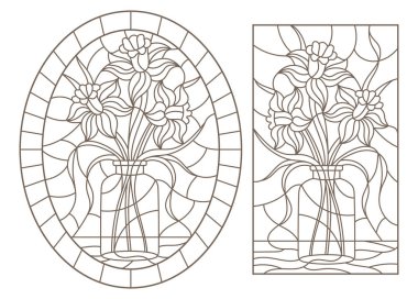 Vitray Windows çiçek hala can ile kontur çizimleri kümesi, karanlık beyaz bir arka plan üzerinde kıvrımlarına.