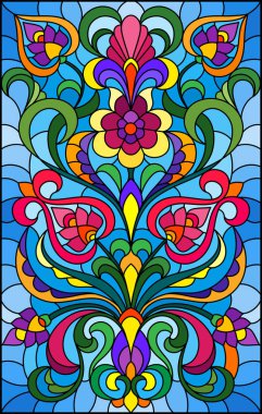 İllüstrasyon soyut swirls, vitray tarzında çiçekler ve mavi bir arka plan üzerinde bırakır