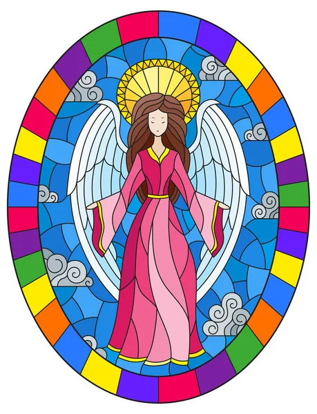 Ilustração em estilo vitral com anjo menina em vestido rosa no fundo do céu e nuvens, imagem oval em quadro brilhante —  Vetores de Stock
