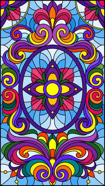 Ілюстрація у вітражному стилі з абстрактними гойдалками, квітами та листям на синьому фоні — стоковий вектор