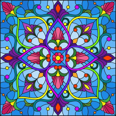 Vitray tarzı çiçek, soyut çiçek süslemeli çizimde bırakır ve mavi arka plan, kare görüntü bukleler