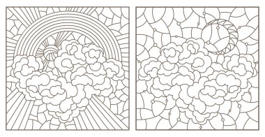Dekoratif merdivenler göksel manzaralar, kare görüntüleri, beyaz bir arka plan üzerinde koyu konturlar ile kontur çizimleri kümesi