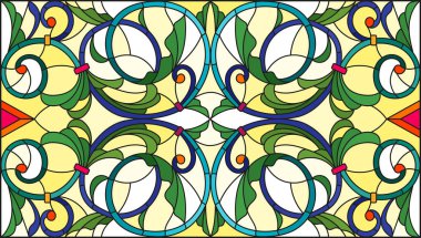 Soyut girdapları, çiçekleri ve yaprakları sarı arka planda, yatay yönelimli, boyalı cam tarzında resimleme