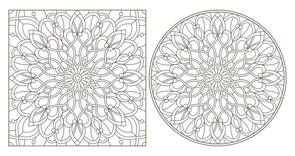 Soyut çiçek desenleri, yuvarlak ve kare görüntü, beyaz zemin üzerine koyu konturlar ile kontur illüstrasyonlar kümesi — Stok Vektör