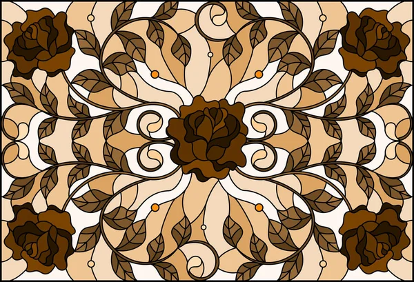 ステンド グラス花仕立てのイラストと茶色の背景は、モノクロ セピアのバラの葉 — ストックベクタ