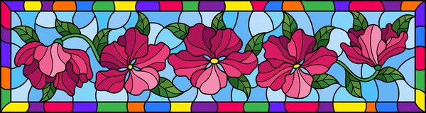 Εικονογράφηση στο λεκιασμένο γυαλί στυλ με ροζ λουλούδια και τα φύλλα σε μπλε φόντο, οριζόντια εικόνα στο φωτεινό πλαίσιο — Διανυσματικό Αρχείο