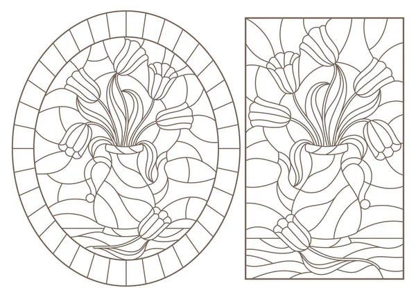 Ensemble d'illustrations en verre teinté contour, bouquets de fleurs dans des vases, contours sombres sur fond blanc — Image vectorielle