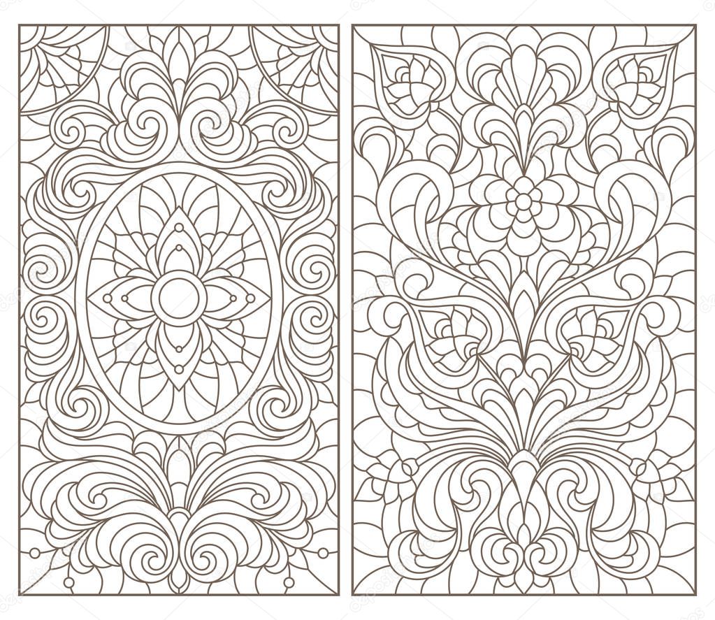 Set of contour stained glass illustrations with abstract symmetrical  floral patterns, dark contours on white background