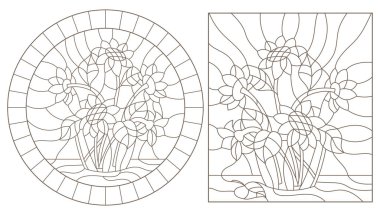 Bir Vazoda beyaz zemin üzerine koyu özetliyor vitray buketleri ayçiçeği kontur illüstrasyonlar ayarla