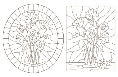 Haşhaş vitray demetleri kontur çizimleri bir vazo, beyaz zemin üzerine koyu anahatlar olarak ayarla 