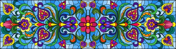 Illustration im Buntglasstil mit abstrakten Wirbeln, Blumen und Blättern auf blauem Hintergrund, horizontale Ausrichtung — Stockvektor