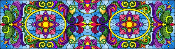 Ilustración en estilo vitral con remolinos abstractos, flores y hojas sobre fondo azul, orientación horizontal — Vector de stock