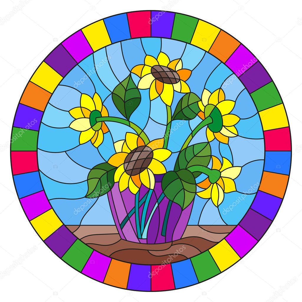 Illustration in stained glass style with bouquets of sunflowers in a blue vase on table on a blue background, round image in bright frame