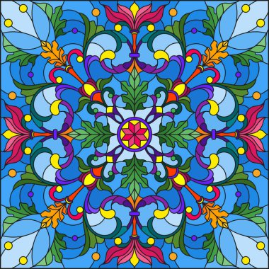 Vitray tarzı çiçek, soyut çiçek süslemeli çizimde bırakır ve mavi arka plan, kare görüntü bukleler
