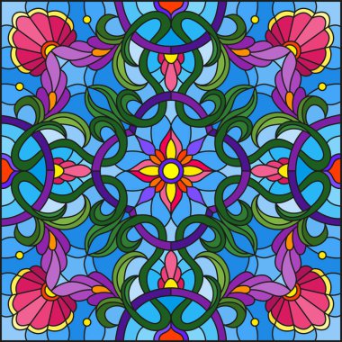 Vitray tarzı çiçek, soyut çiçek süslemeli çizimde bırakır ve mavi arka plan, kare görüntü bukleler