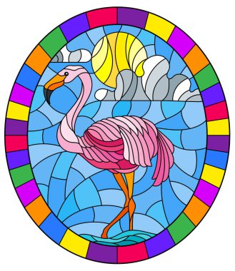 Flamingo vitray tarzı bir gölette güneş, gökyüzü ve bulutlar, parlak çerçeve içinde oval görüntü illüstrasyon