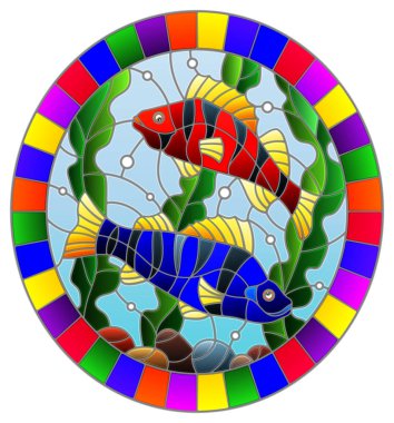 Vitray tarzı ile bir çift parlak balıkçı arka planda illüstrasyon su ve yosun, parlak bir çerçeveye oval resim