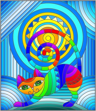 Soyut geometrik kedi ve soyut mavi arka planda güneş ile boyalı cam tarzı bir resim