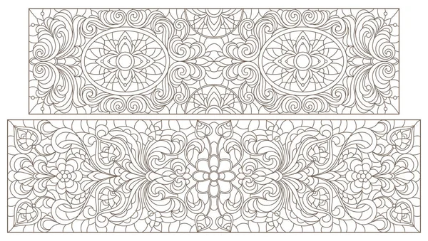 Série d'illustrations de contour de vitraux avec tourbillons abstraits et fleurs, orientation horizontale — Image vectorielle