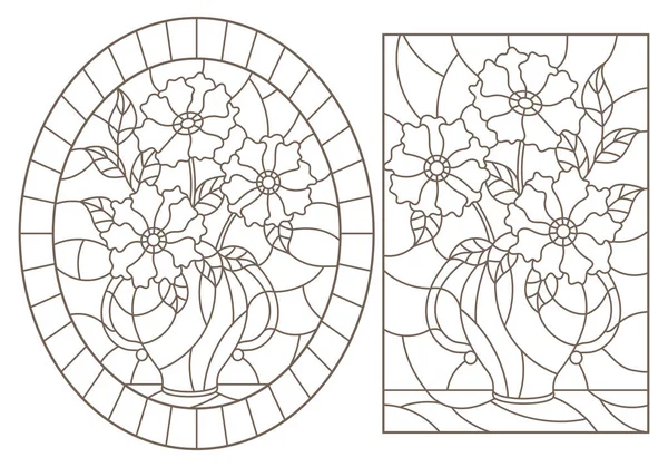 Serie di illustrazioni di contorno di vetrate con nature morte, mazzi di fiori in vasi, contorni scuri su sfondo bianco — Vettoriale Stock