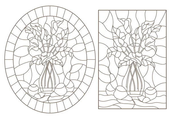 Série d'illustrations de contours de vitraux avec natures mortes, bouquets de Callas et poires, contours sombres sur fond blanc — Image vectorielle